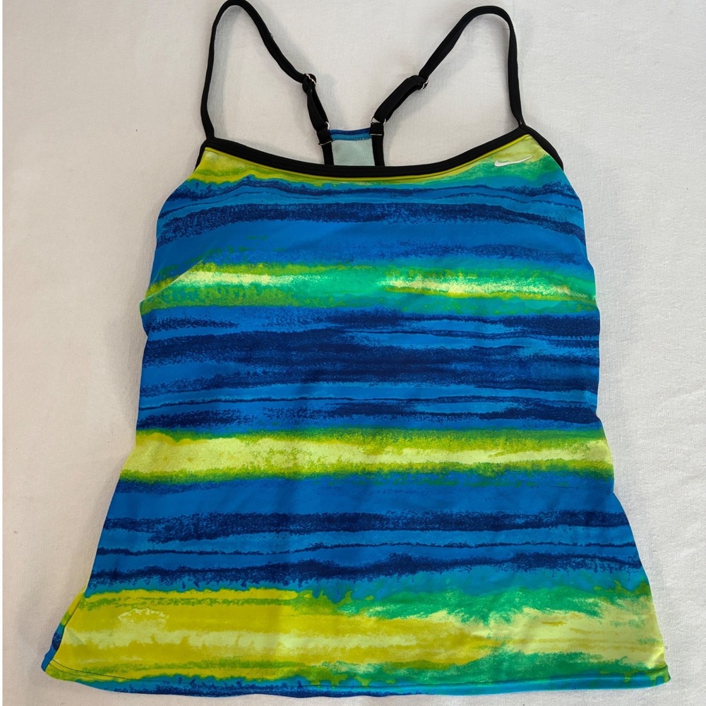 Nike Tankini Swim Top Womens 8 Blue Green Striped Racerback Athletic Swimwear